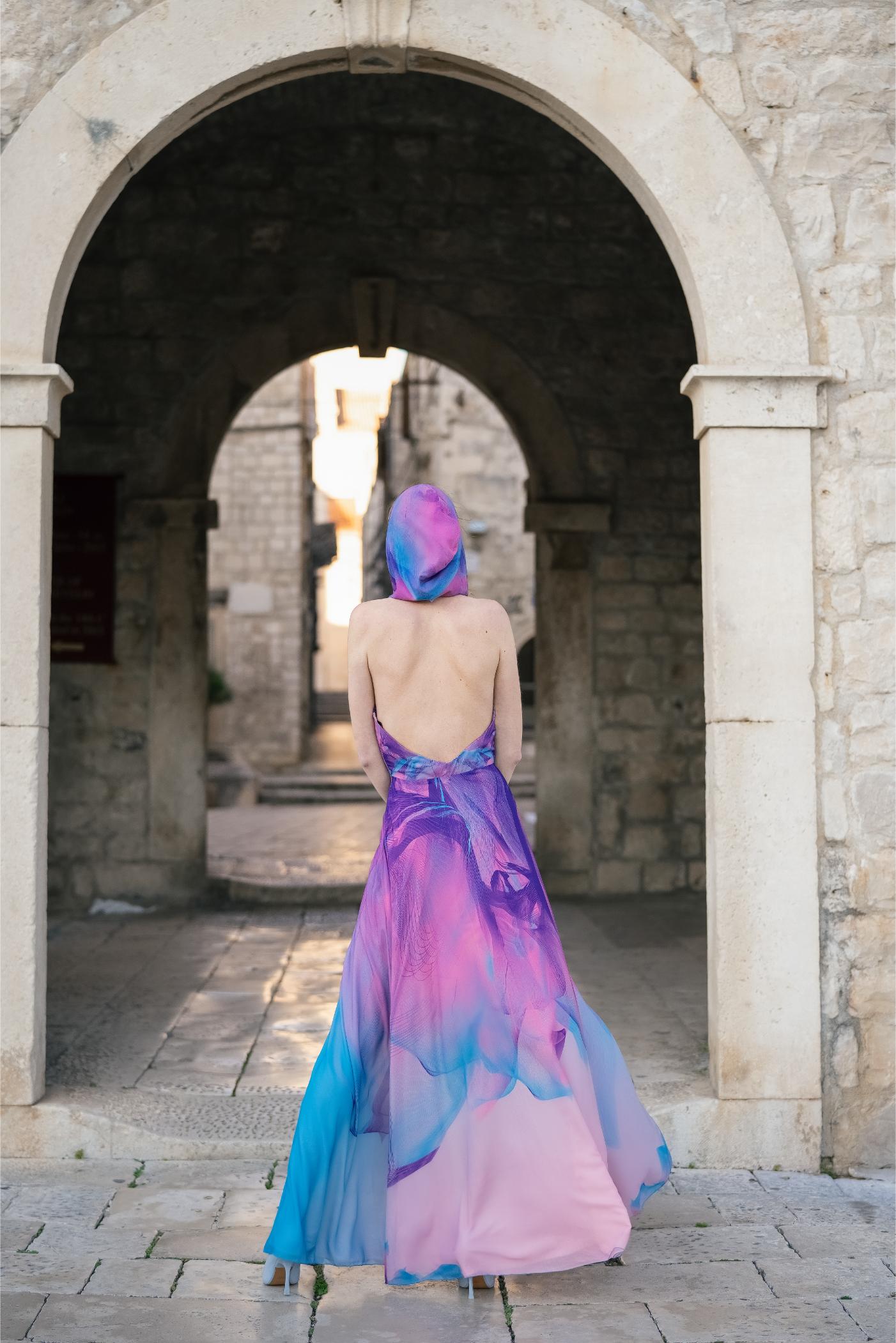 Pink Blue Sunset Print Hooded Dress