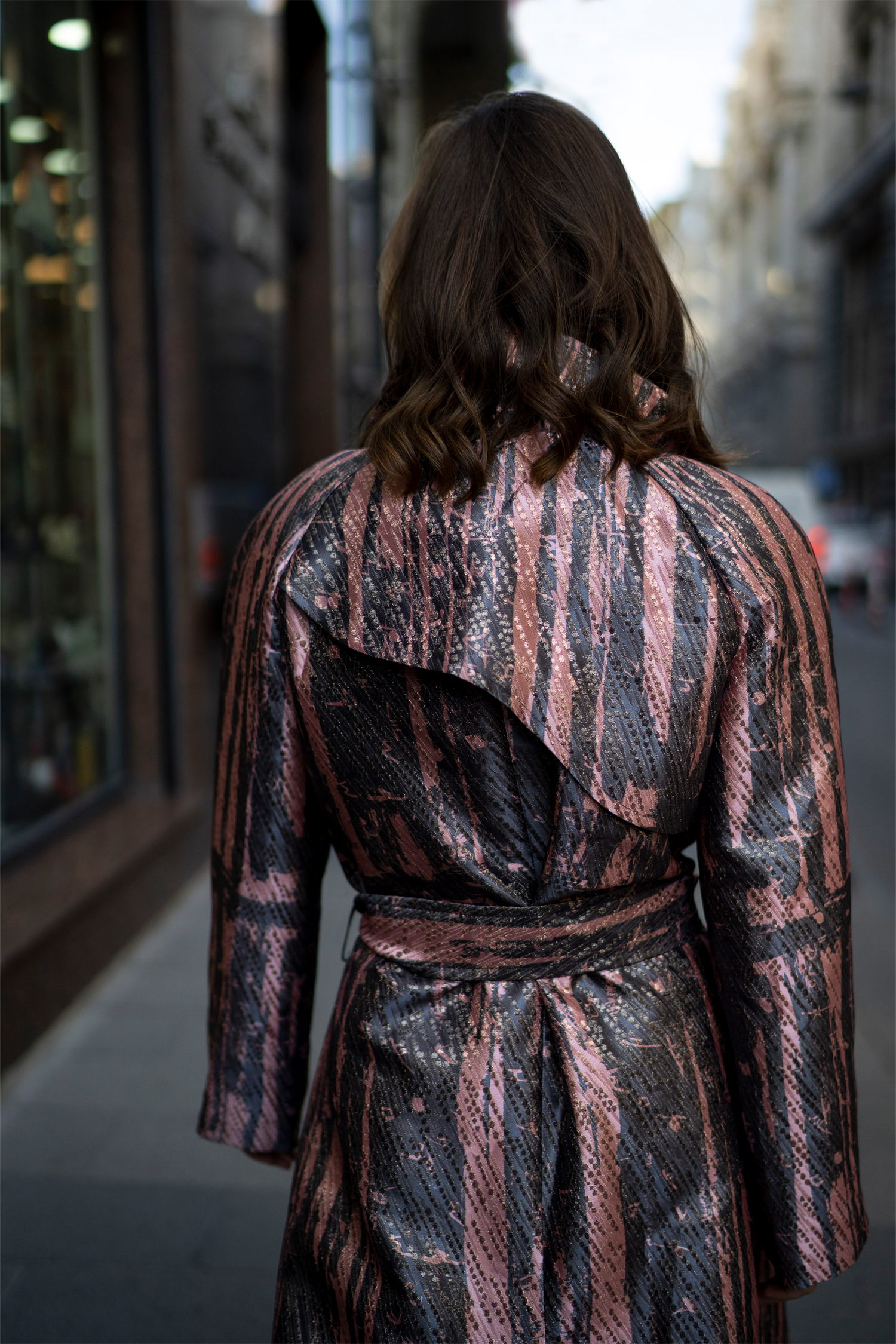 Pink Grey Multicolor Brocade Lapel Trench Coat