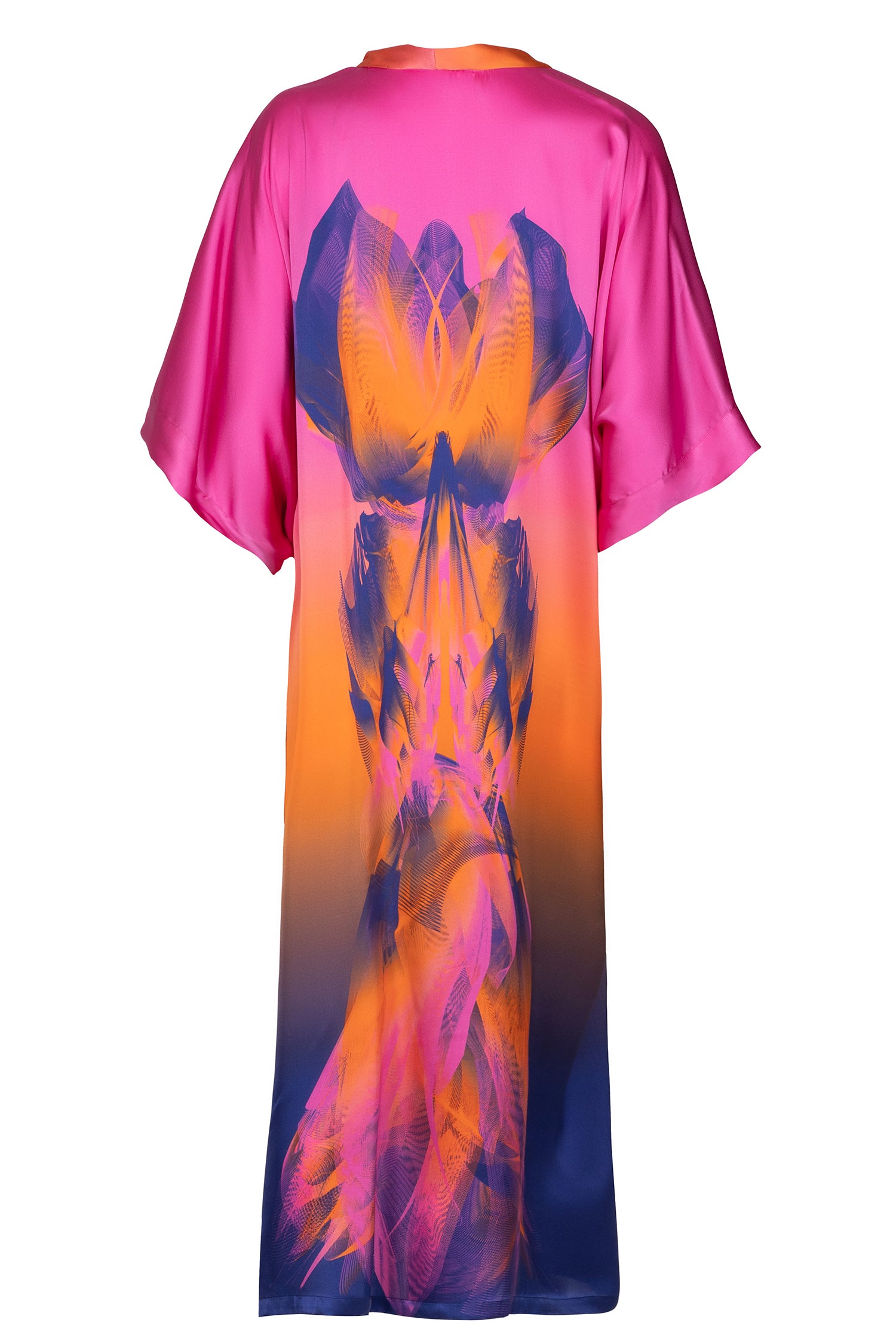 Pink Silk Coral Sunset Print Kaftan Dress