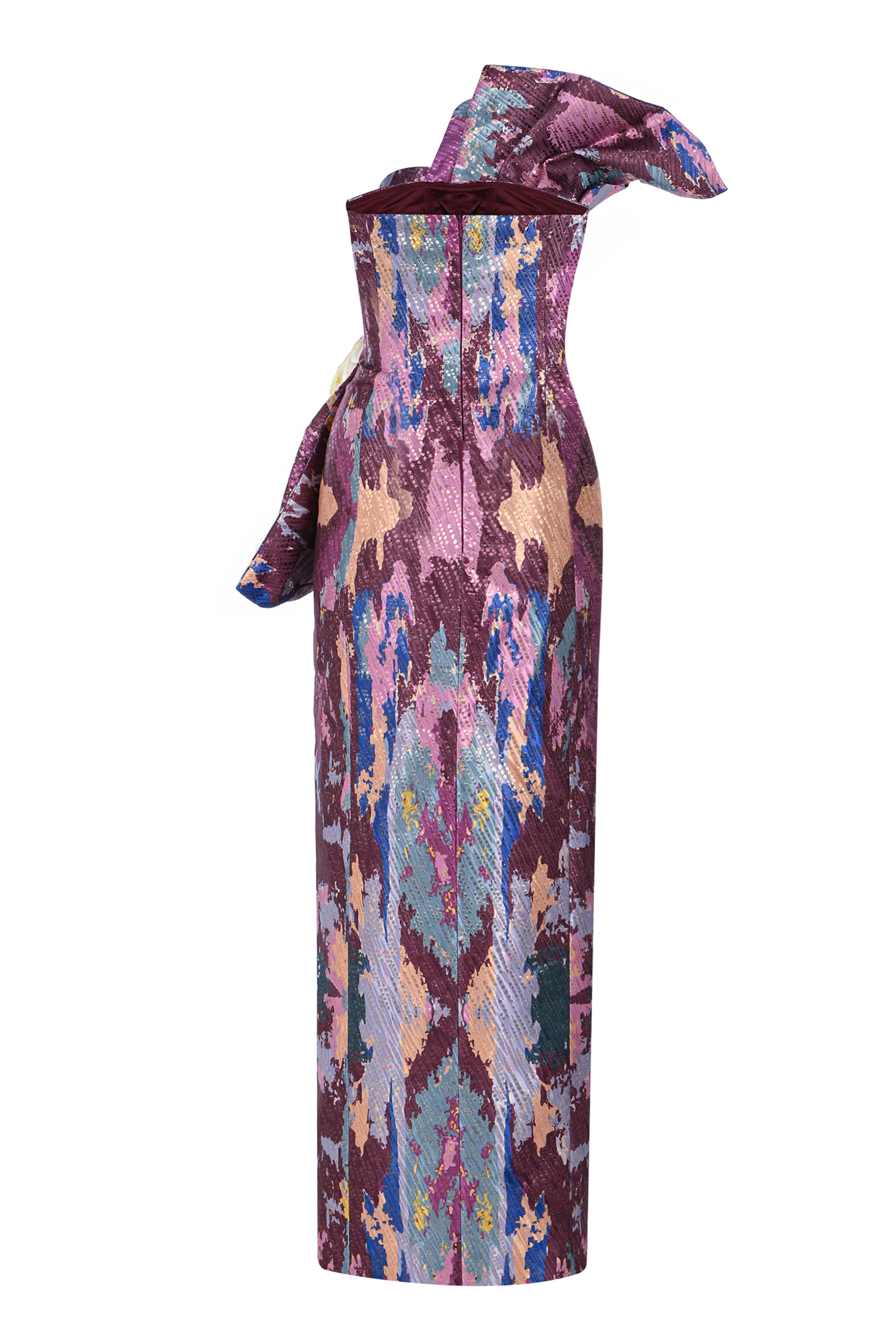 Purple Multicolor Custom Print Brocade Maxi Dress