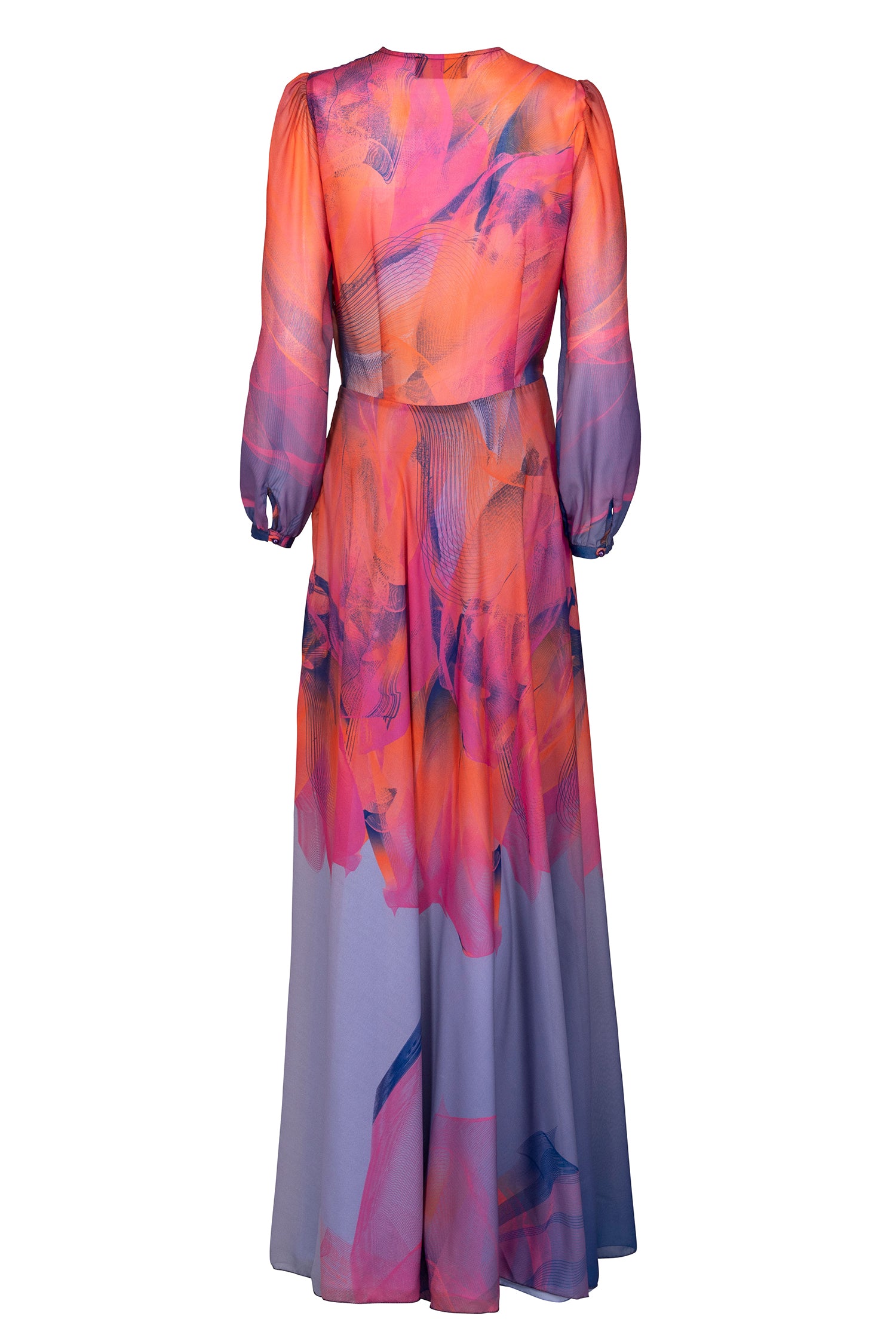 Red Blue Pink Coral Sunset Maxi Wrap Dress