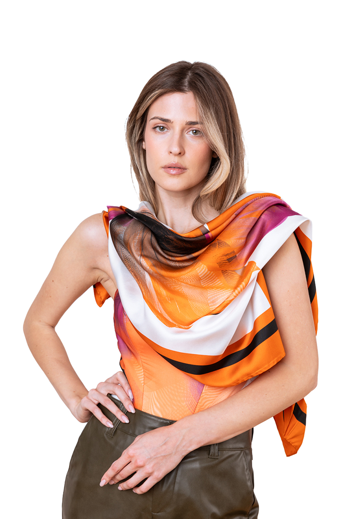 Vivid Orange Fuchsia Black Expanding Printed Silk Scarf