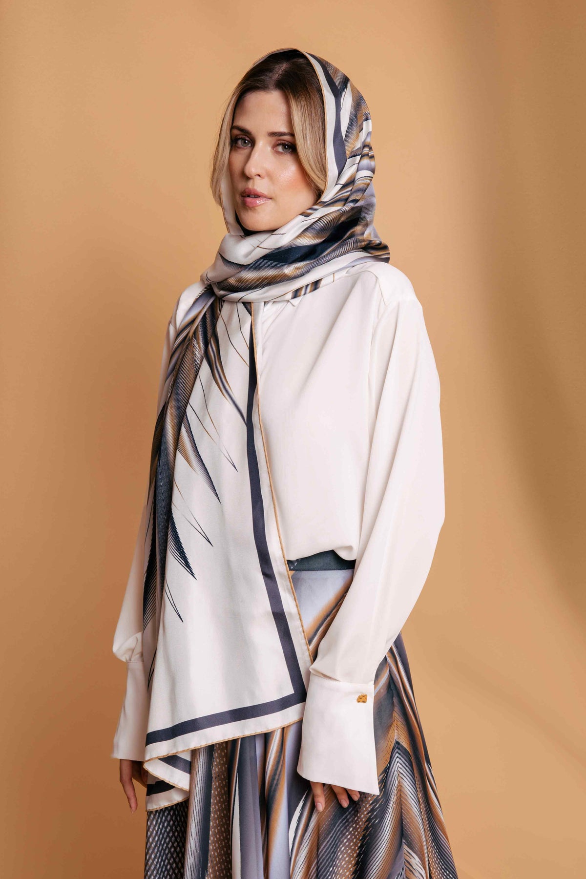 White Navy Gold Celestia Rectangular Silk Scarf