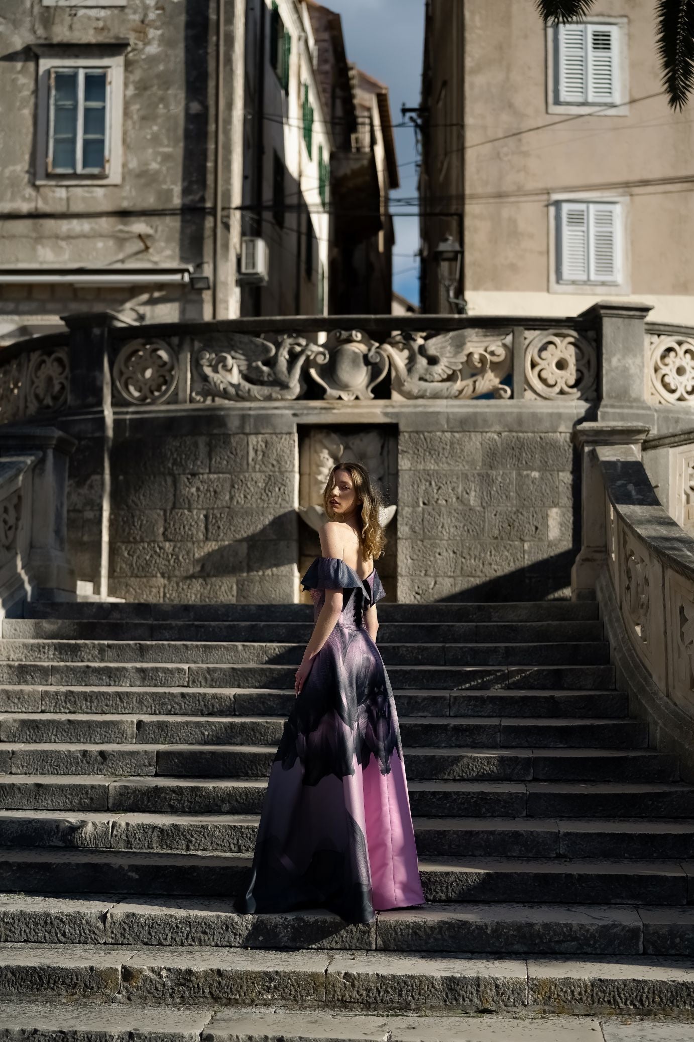 Made-to-Order Black Pink Twilight Off Shoulder Corseted Maxi Gown