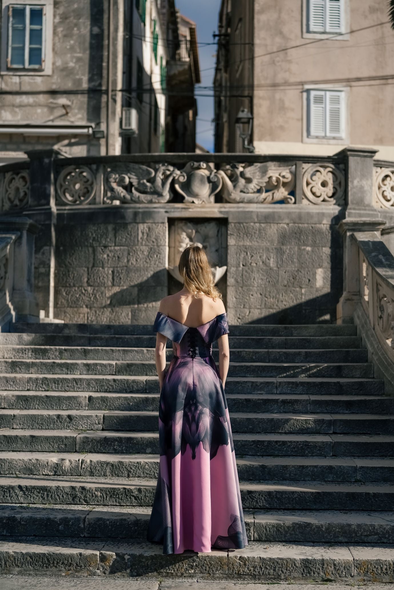 Made-to-Order Black Pink Twilight Off Shoulder Corseted Maxi Gown