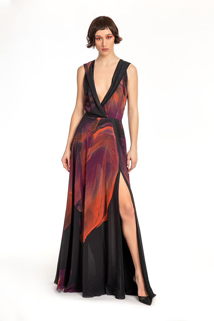 Black Orange Fuchsia Violet Flower Print Hooded Dress