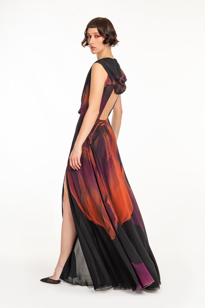 Black Orange Fuchsia Violet Flower Print Hooded Dress