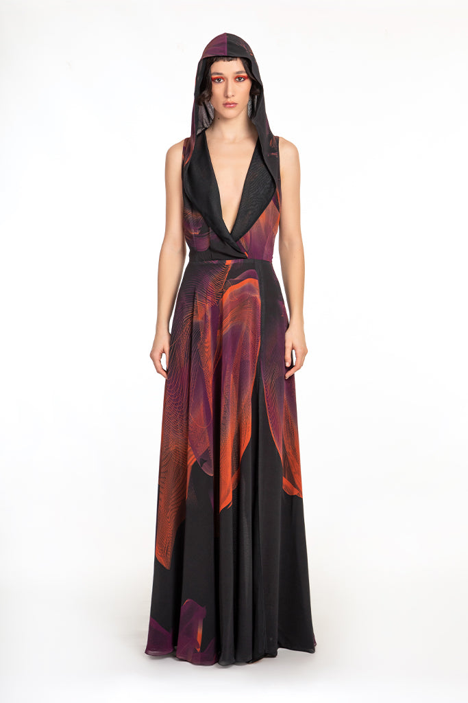Black Orange Fuchsia Violet Flower Print Hooded Dress