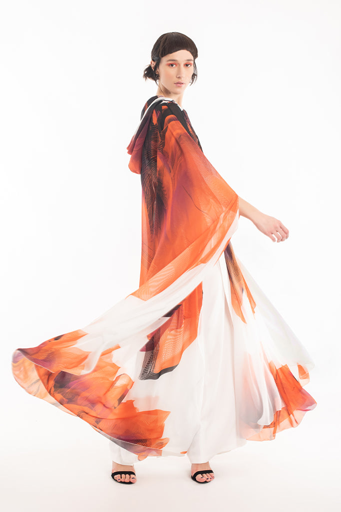 Orange Black White Printed Chiffon Expanding Abaya Cape