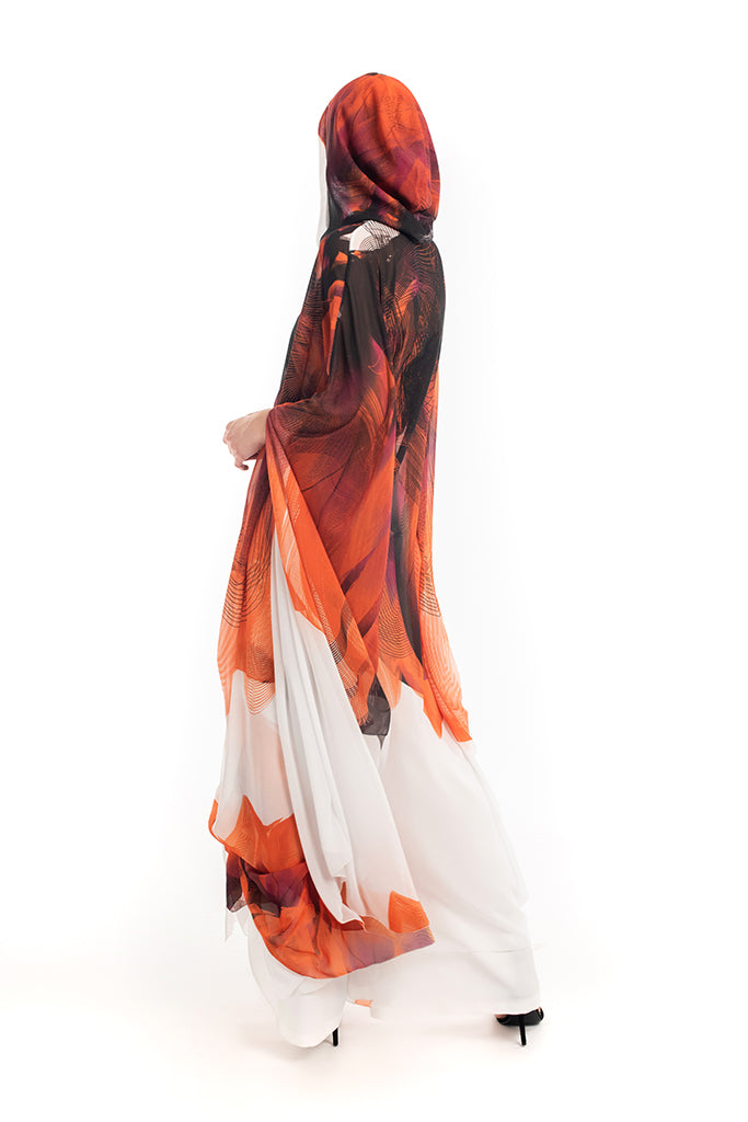 Orange Black White Printed Chiffon Expanding Abaya Cape