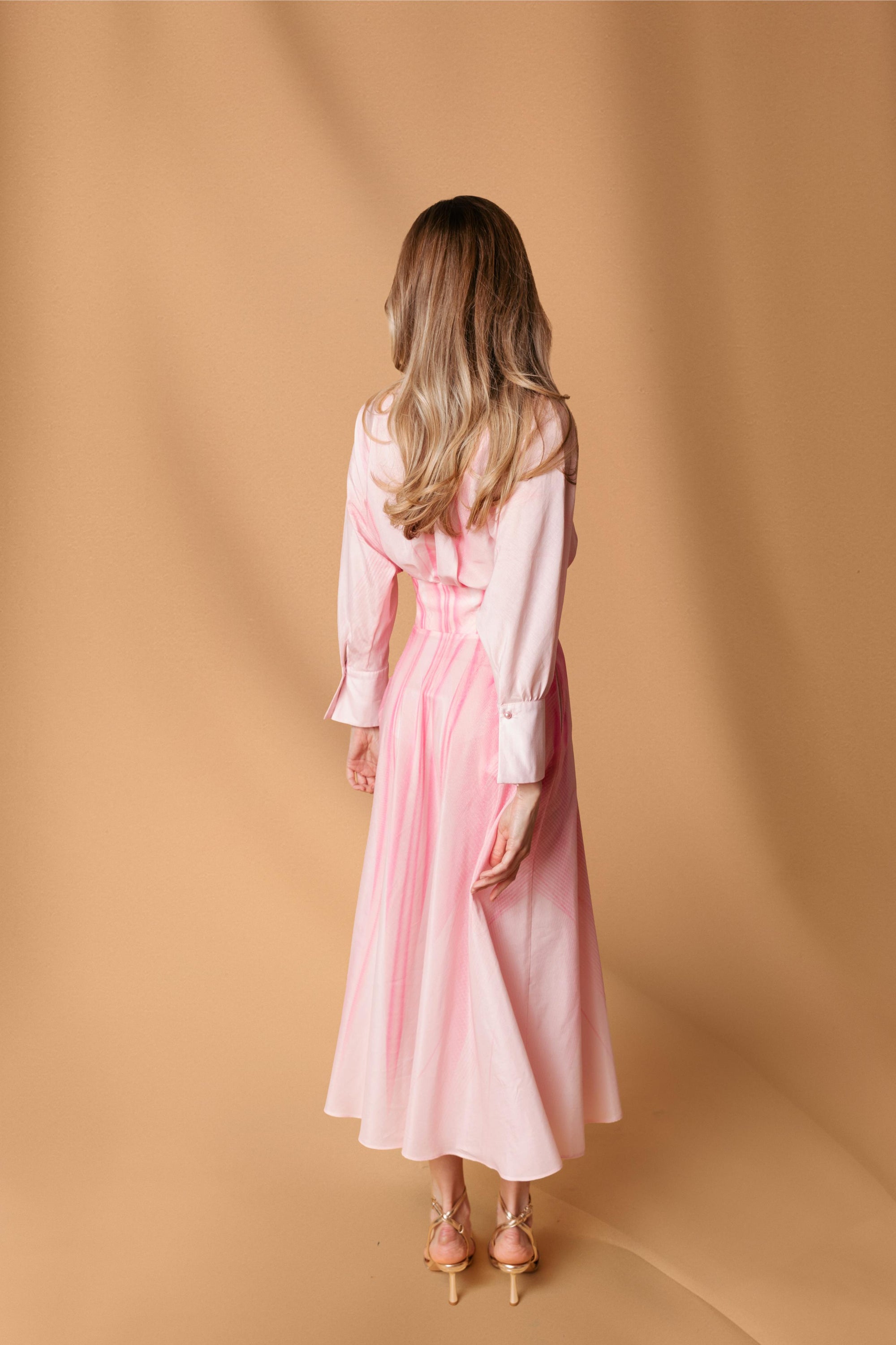 Pink White Silk Cotton Midi Dress