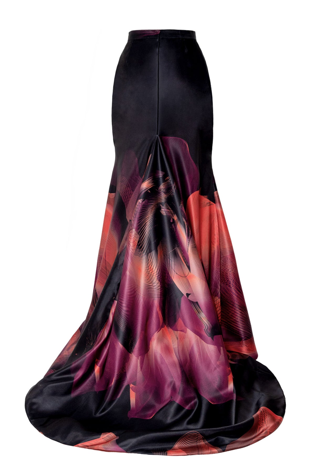 Black Fuchsia Orange Satin Violet Flower Print Maxi Skirt