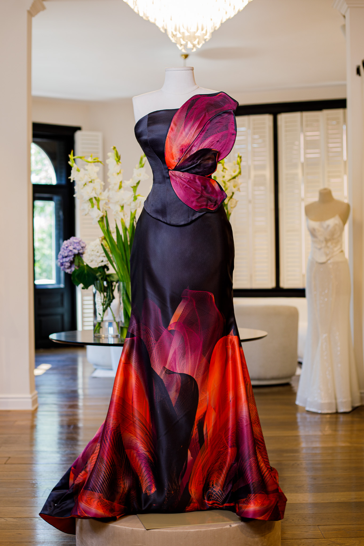 Black Fuchsia Orange Satin Violet Flower Print Maxi Skirt