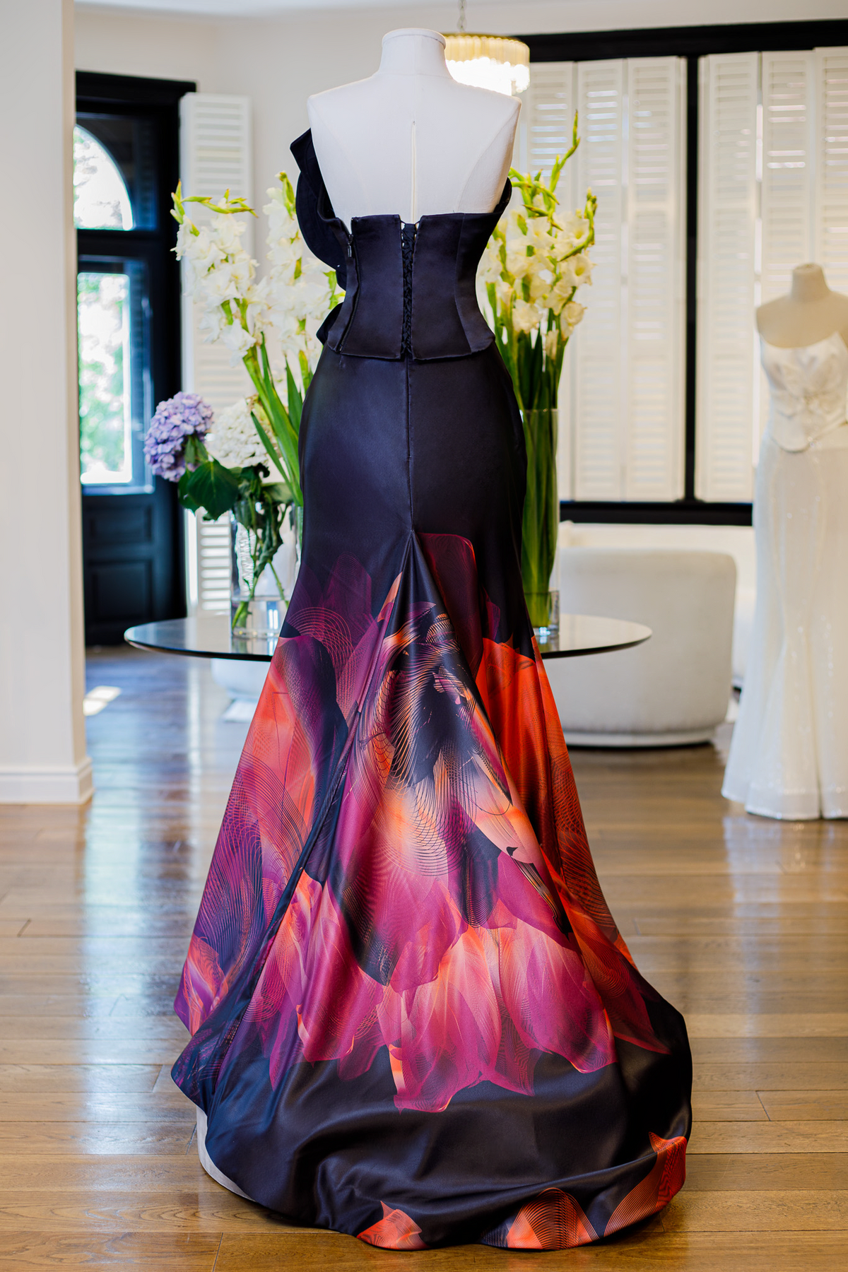 Black Fuchsia Orange Satin Violet Flower Print Maxi Skirt