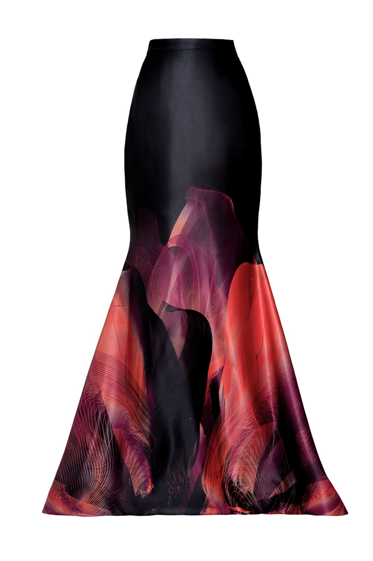 Black Fuchsia Orange Satin Violet Flower Print Maxi Skirt