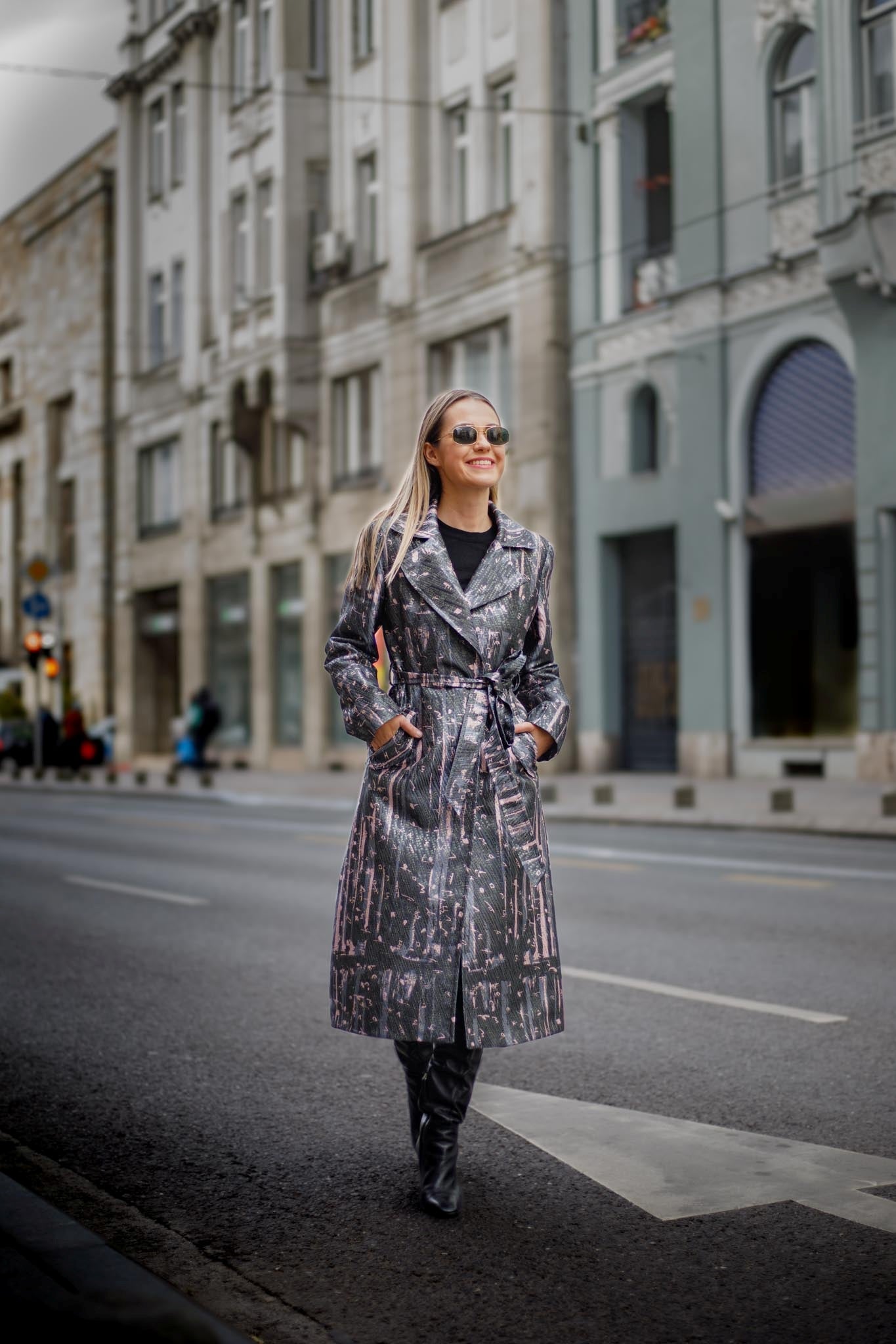 Pink Grey Bosančica Brocade Lapel Trench Coat