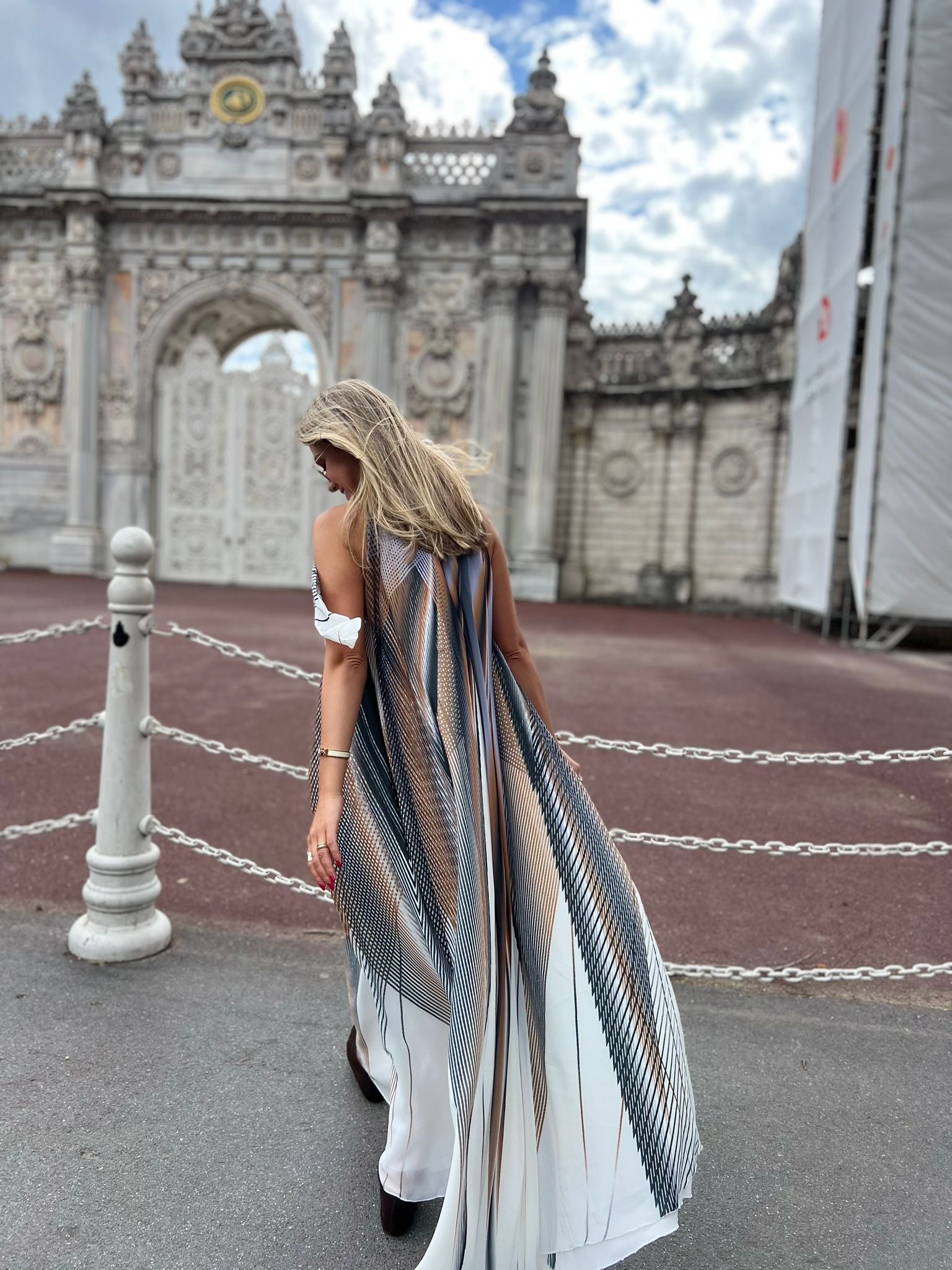 White Gold Black Celestia Print Chiffon Sleeveless Dress