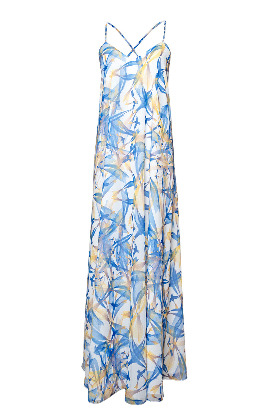 White, Blue and Yellow Lilium Bosniacum Birds Chiffon Maxi Dress