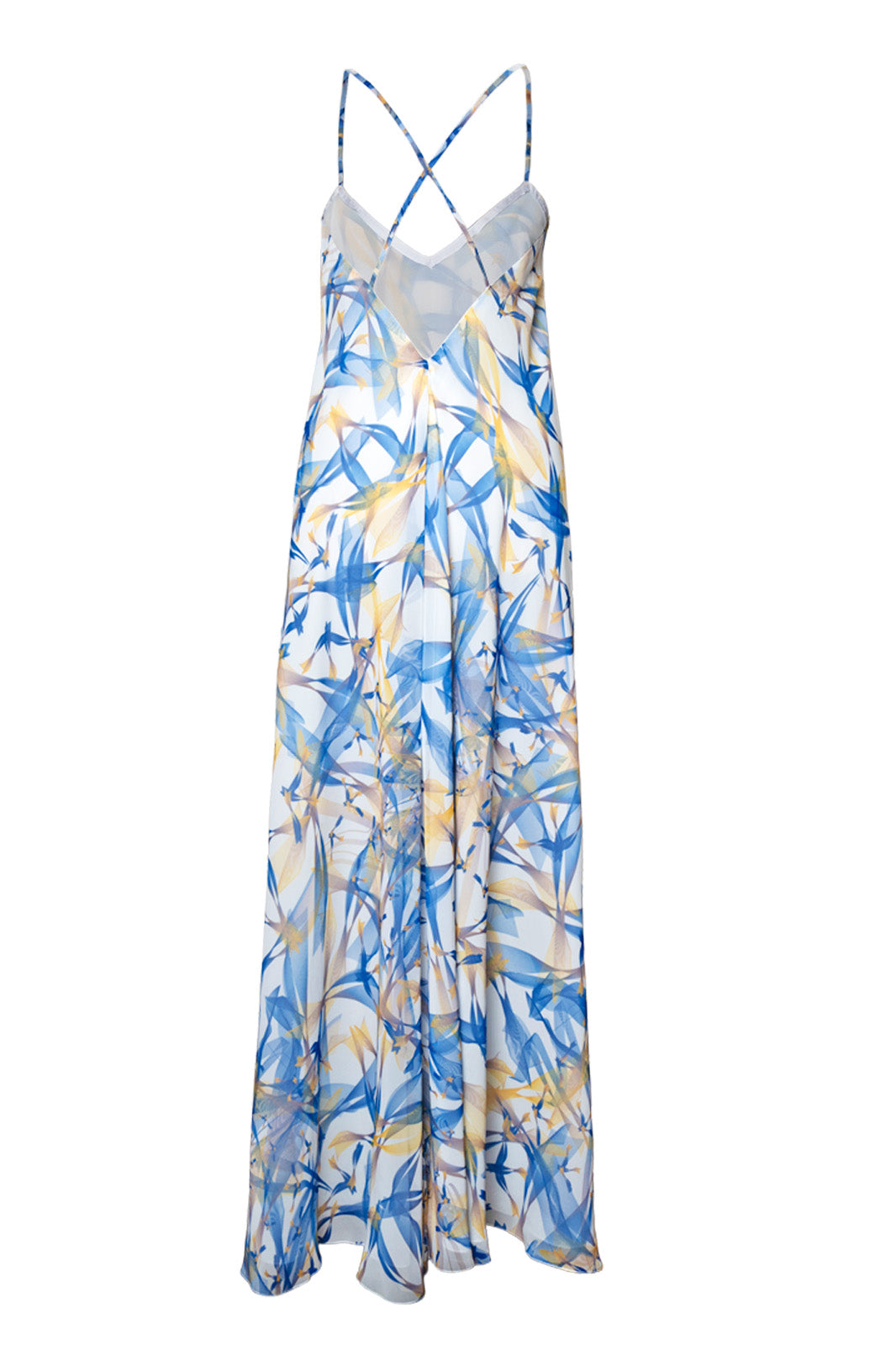 White, Blue and Yellow Lilium Bosniacum Birds Chiffon Maxi Dress