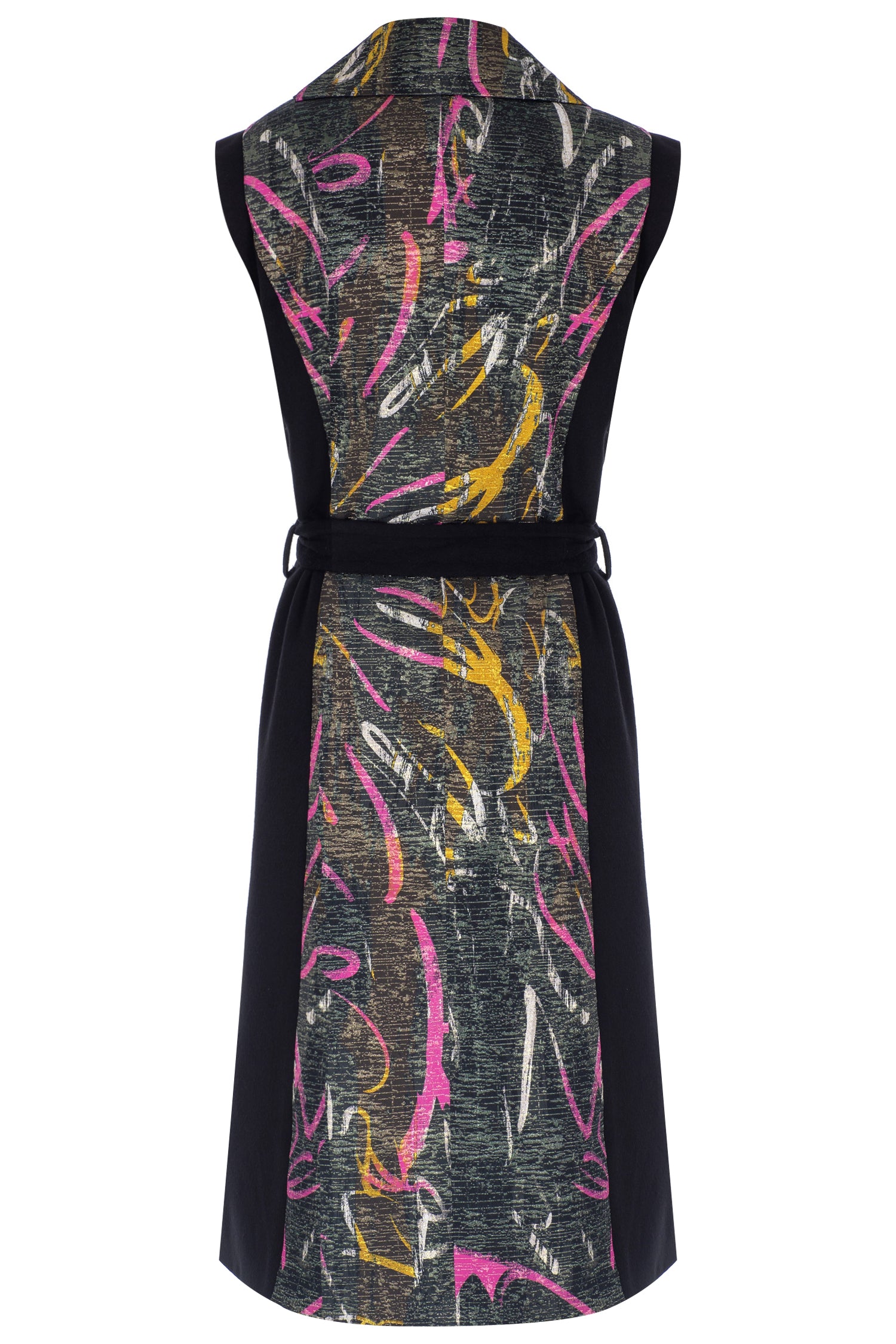 Black Magenta Yellow Bosančica Wool Brocade Sleeveless Coat