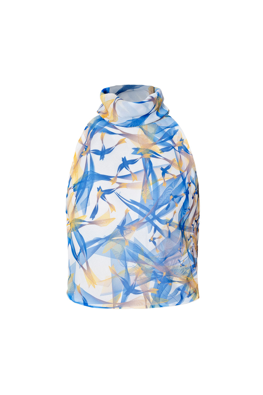 White,Blue and Yellow Lilium Bosniacum Birds Sleeveless Turtleneck Chiffon Top
