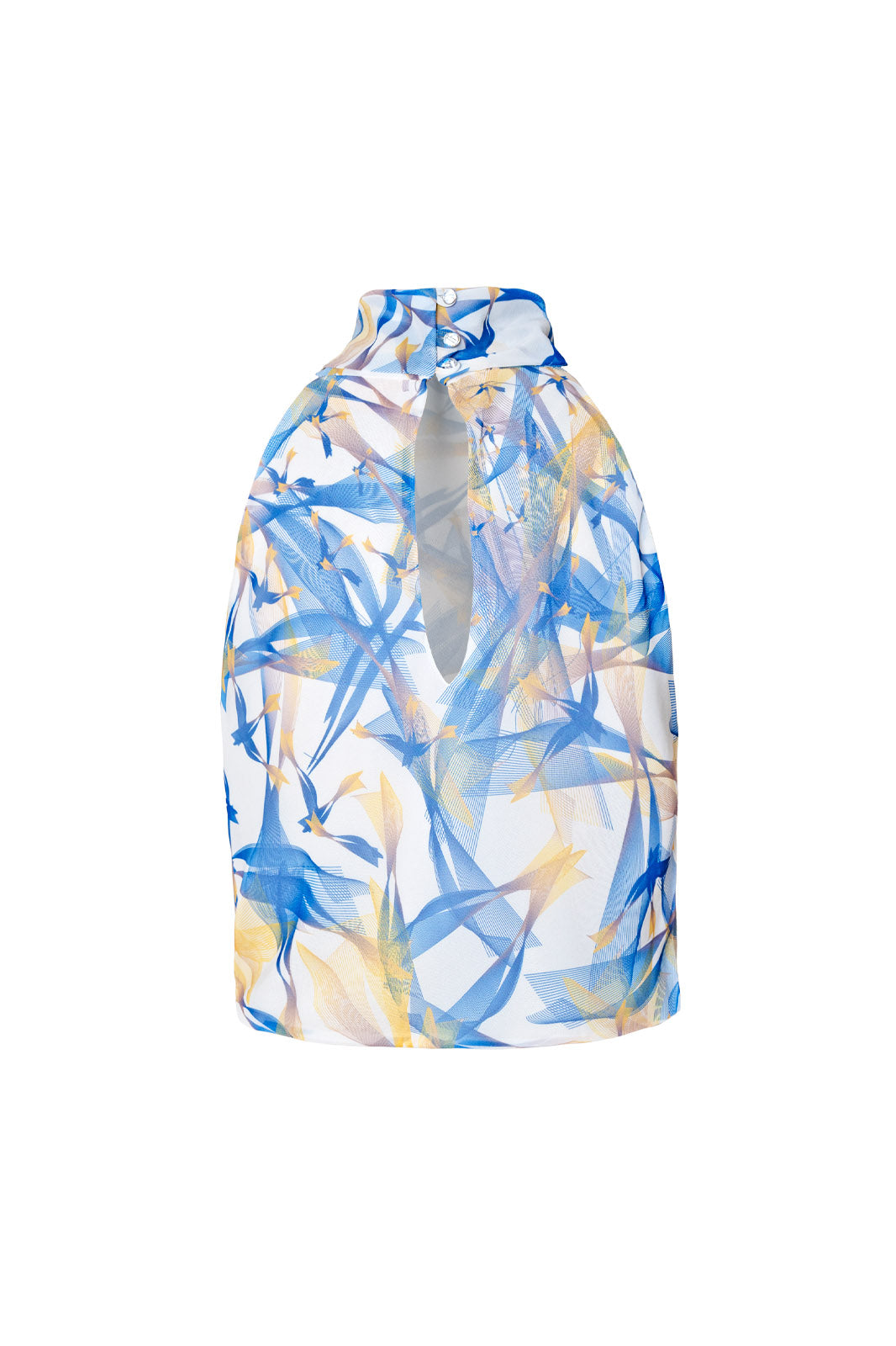 White,Blue and Yellow Lilium Bosniacum Birds Sleeveless Turtleneck Chiffon Top