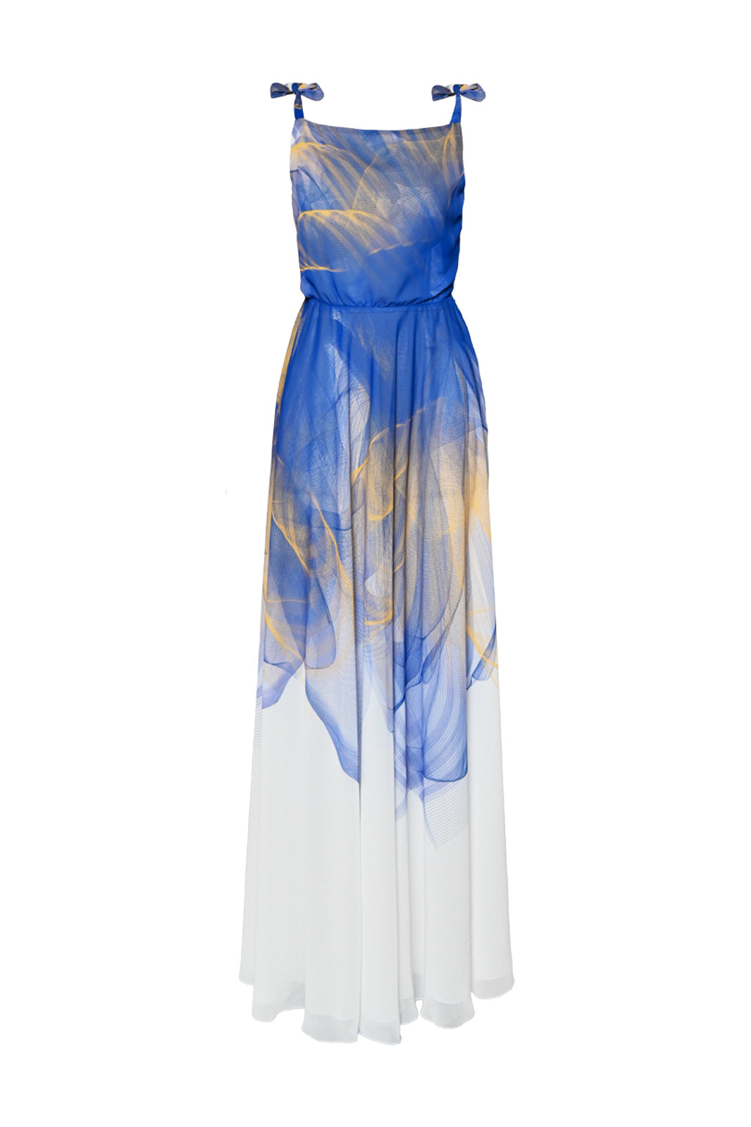 White, Blue and Yellow Lilium Bosniacum Print Maxi Dress