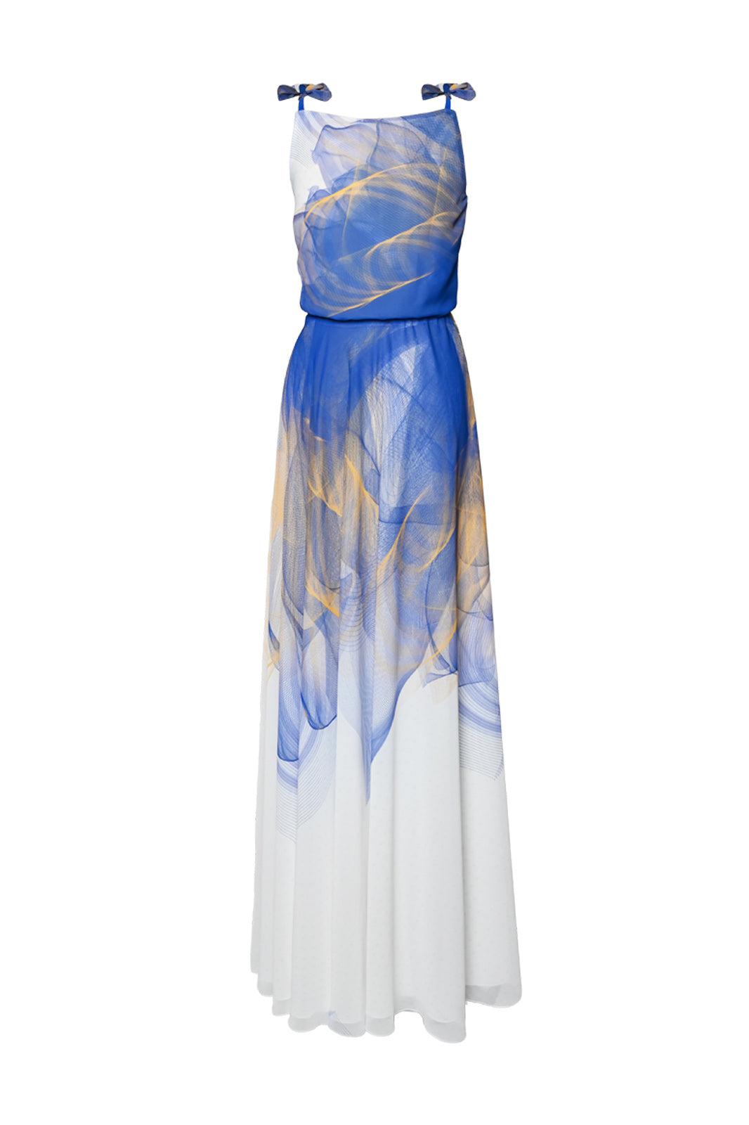 White, Blue and Yellow Lilium Bosniacum Print Maxi Dress