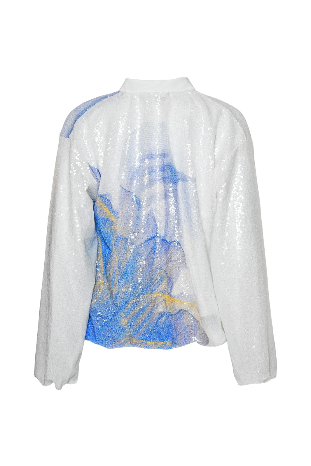 White, Blue and Yellow Lilium Bosniacum Sequin Bomber Jacket