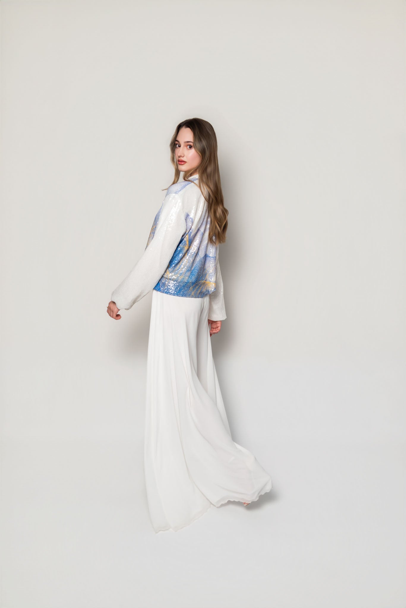White, Blue and Yellow Lilium Bosniacum Sequin Bomber Jacket