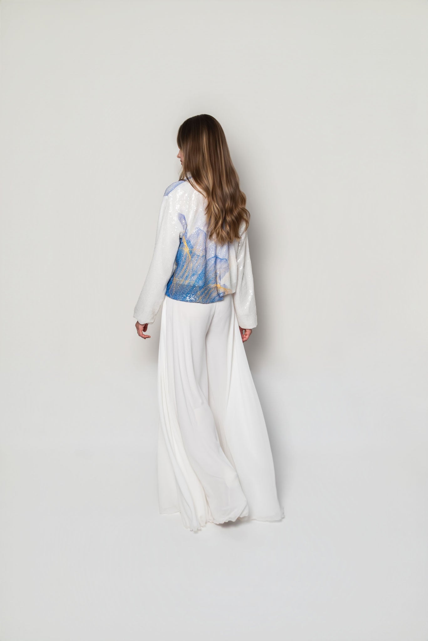White, Blue and Yellow Lilium Bosniacum Sequin Bomber Jacket