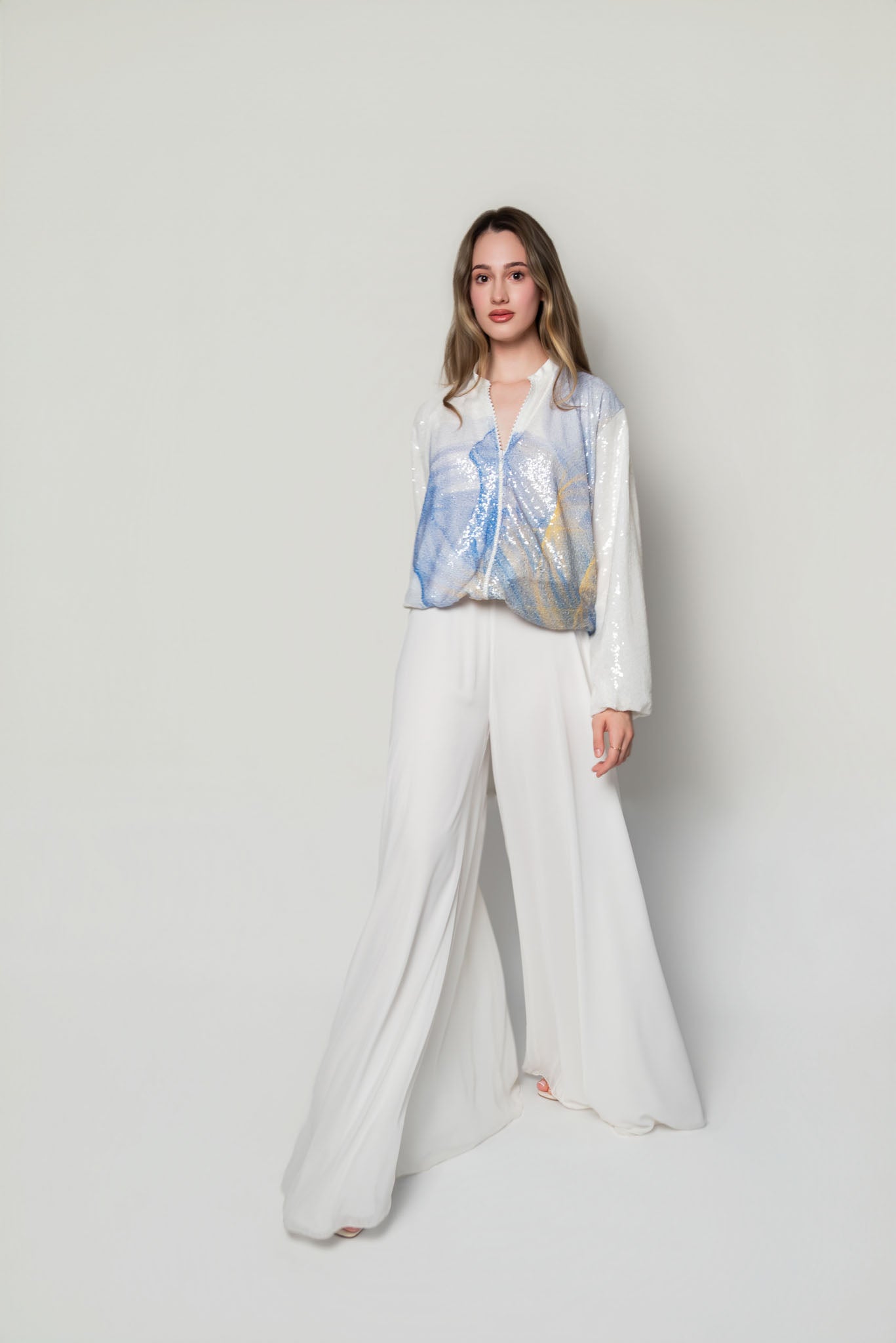 White, Blue and Yellow Lilium Bosniacum Sequin Bomber Jacket