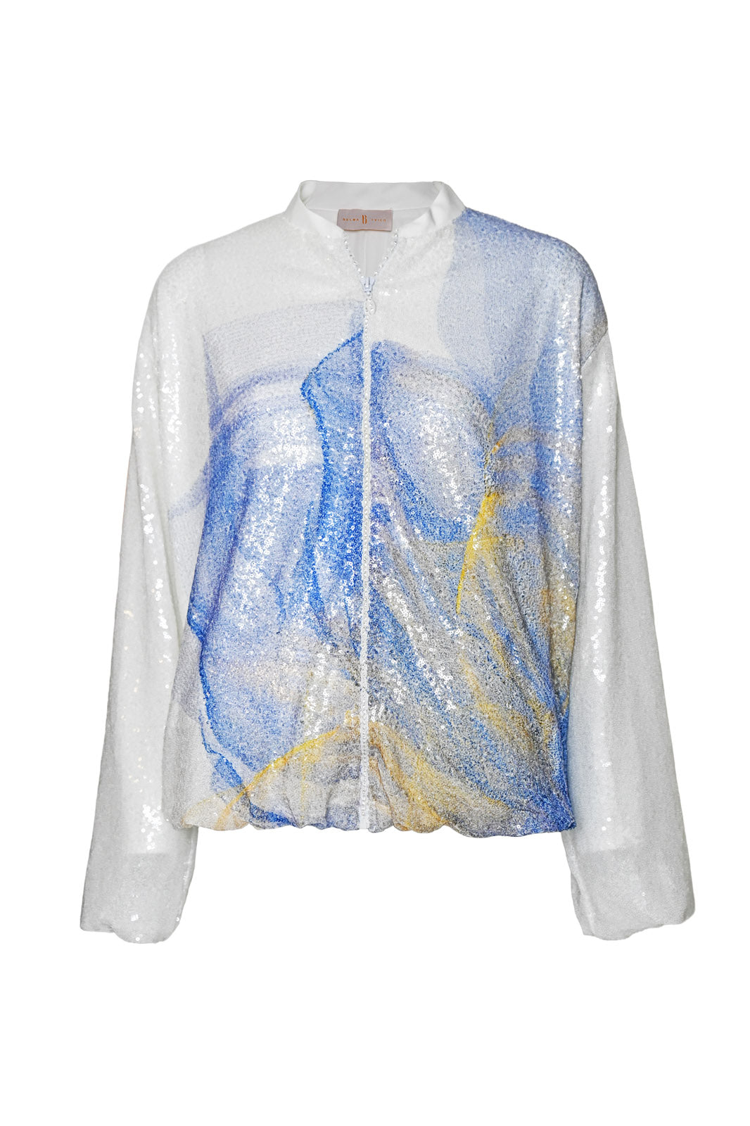 White, Blue and Yellow Lilium Bosniacum Sequin Bomber Jacket